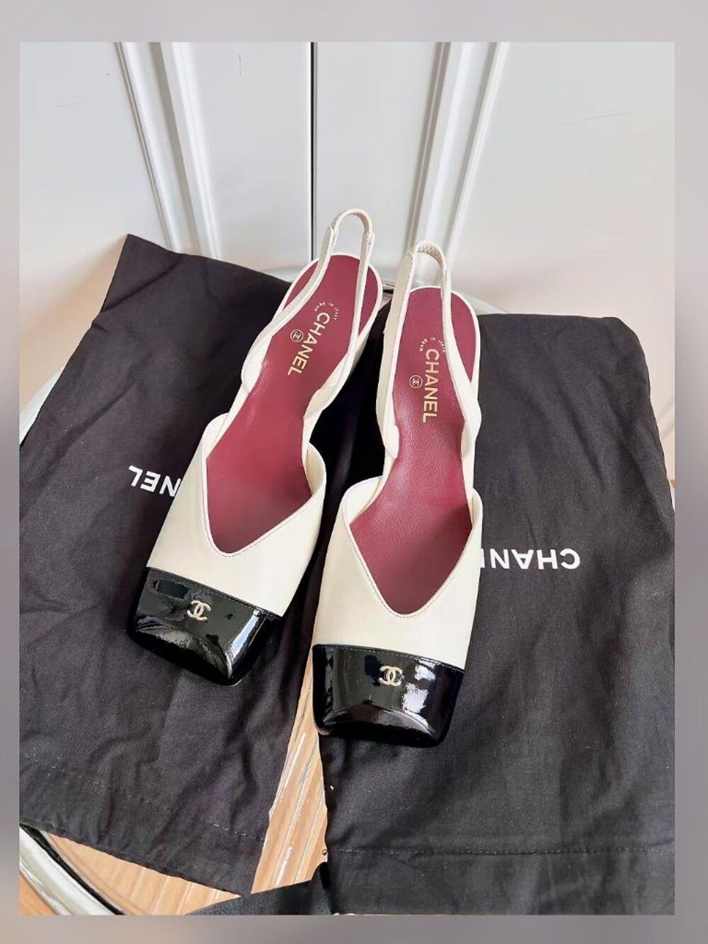 CHANEL Two Tone Black White Patent Leather Slingback Heels